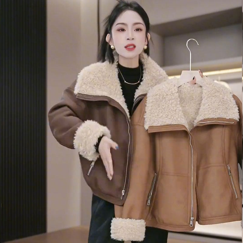 仿PU皮毛一体羊羔毛短外套女秋冬小个子新款加绒加厚皮夹克机车服,淘宝优惠券,粉丝福利购,淘宝优惠卷