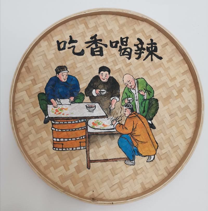 手绘圆簸箕画竹编农家乐装饰米筛墙壁创意火锅饭店餐厅竹制品挂画