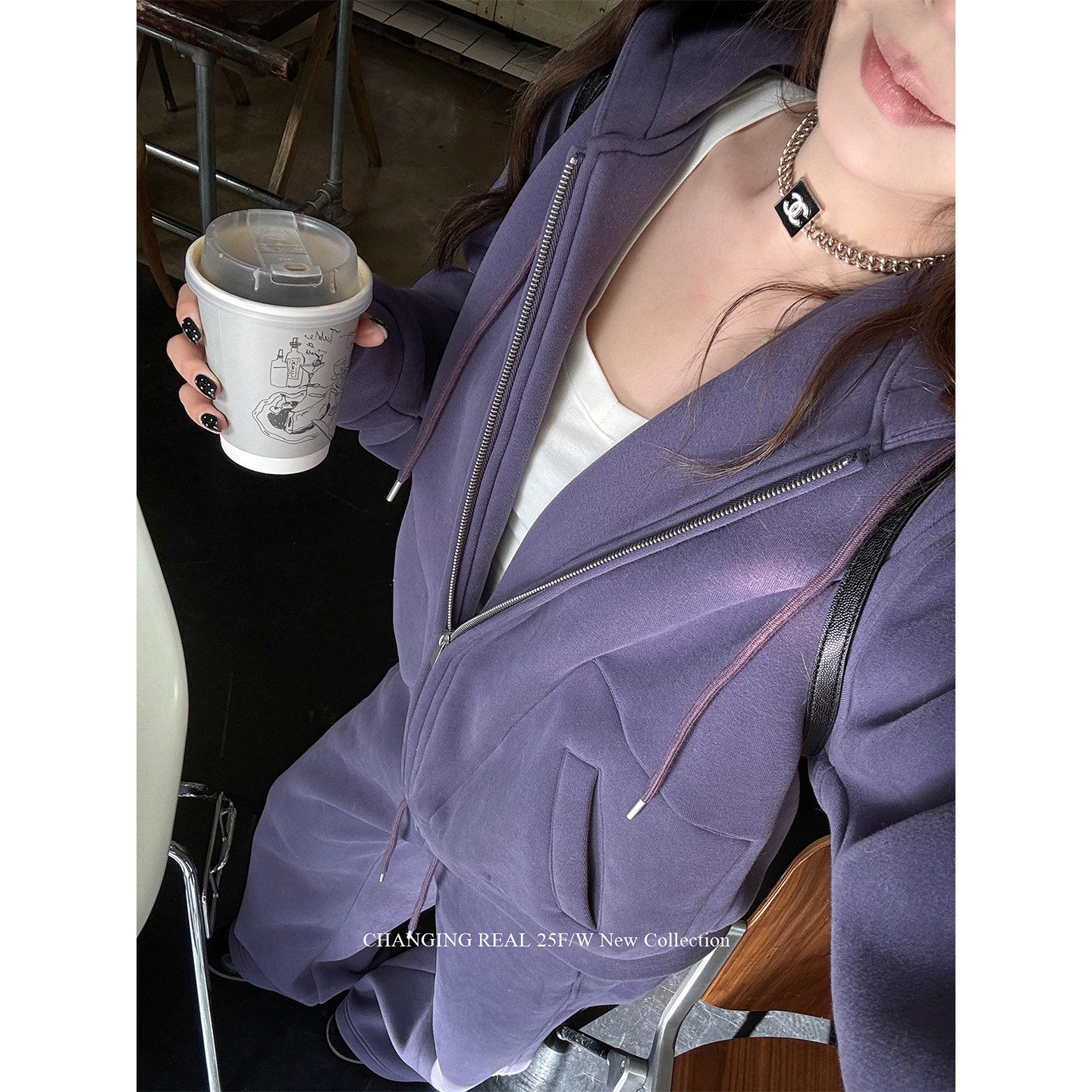 CHANGING REAL 冷雾紫藤 紫色加绒连帽卫衣女加厚阔腿卫裤套装冬,淘宝优惠券,粉丝福利购,淘宝优惠卷