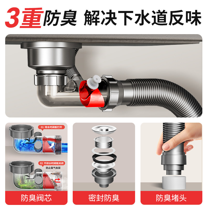 欧顺诺新款厨房下水管洗菜盆防臭下水器单槽接净水器三通套装组合,淘宝优惠券,粉丝福利购,淘宝优惠卷