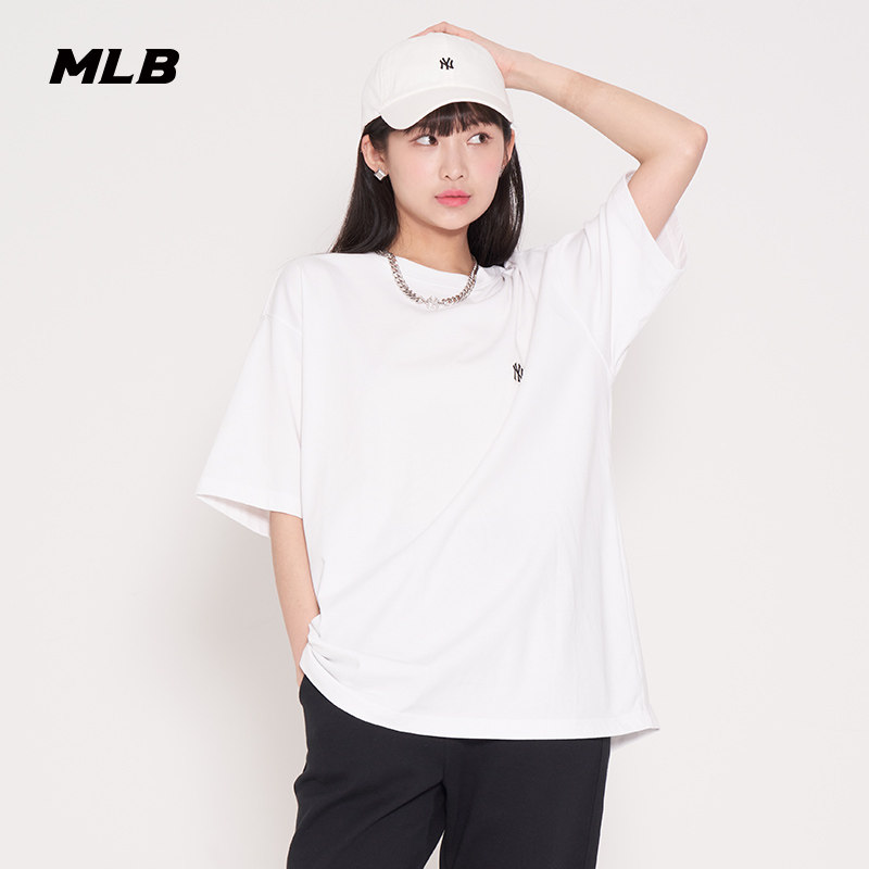 MLB官方男女情侣T恤经典纯色短袖运动休闲圆领宽松夏季TS010_虎窝淘