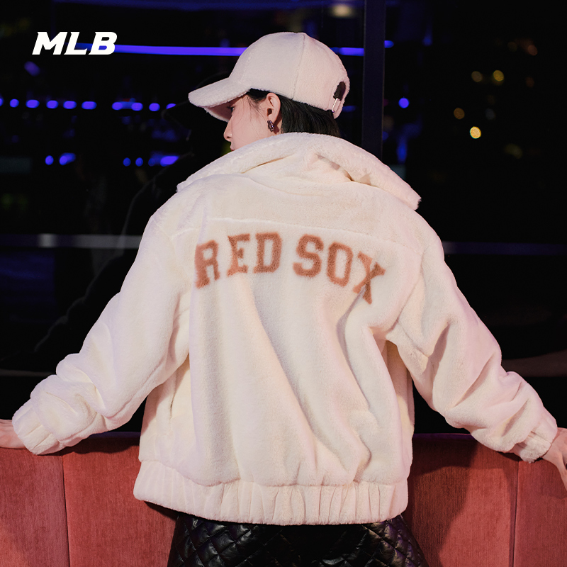MLB官方男女情侣撞色logo学院风仿羊羔绒夹克外套冬季新款FDV02 - 图1