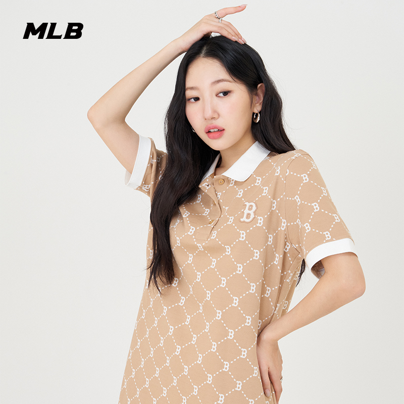 MLB官方女款虞书欣明星同款老花短袖连衣裙polo领24夏季新款OPM04