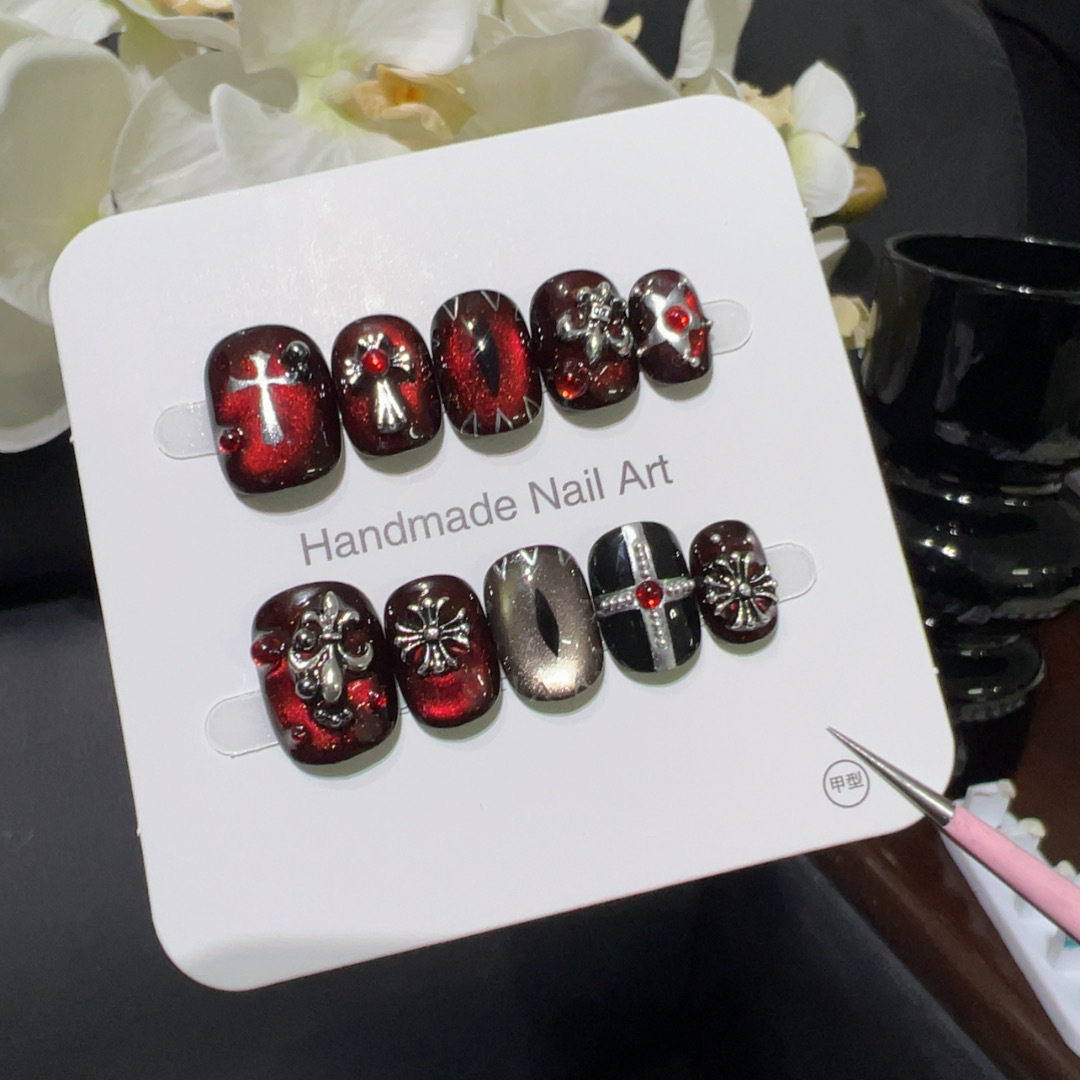 【暗焰克罗】酒红暗黑十字恶魔之眼金属饰朋克超酷短款手工穿戴甲,淘宝优惠券,粉丝福利购,淘宝优惠卷