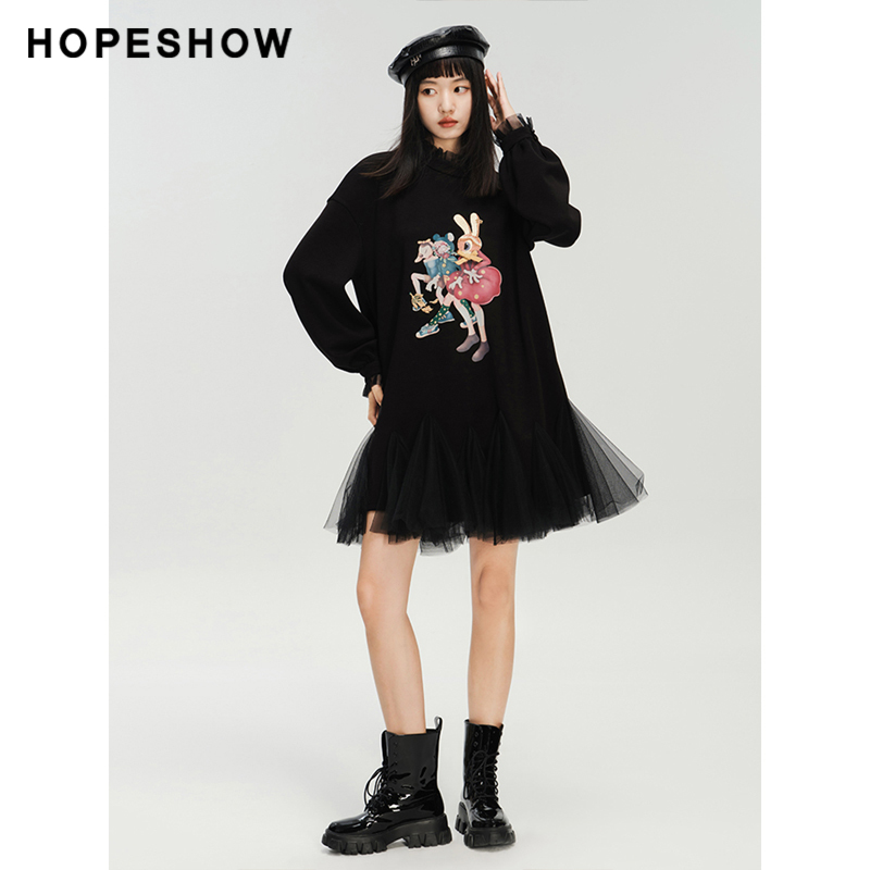 红袖outlets卡通印花拼接网纱裙hopeshow2023冬木耳边卫衣连衣裙