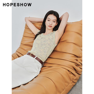 红袖气质镂空圆领针织衫背心女hopeshow2024夏新款宽肩带无袖上衣