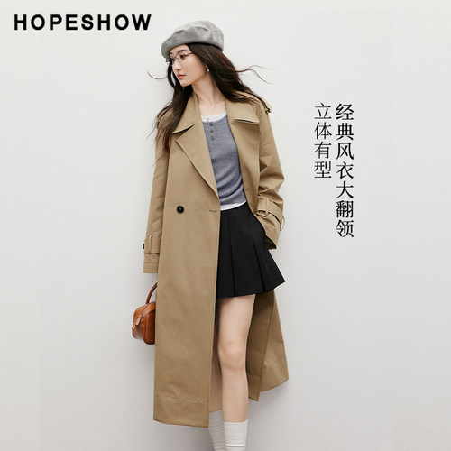 红袖outlets春季2025新款女装复古摩登插肩双排扣西装领风衣外套 - 图2