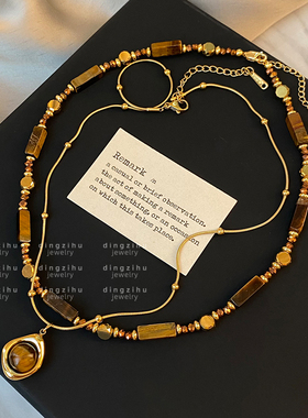 复古焦糖色串珠项链2025春夏新款叠戴高级感轻奢感锁骨链颈链女