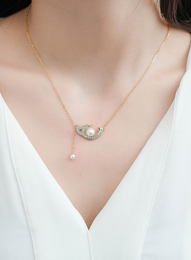 堤喜纯银几何吊坠项链镶钻珍珠