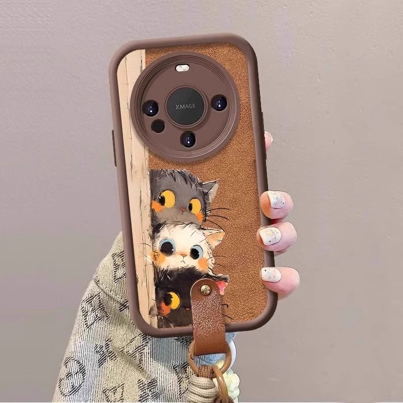 三只猫咪小羊皮带挂绳适用华为mate70pro手机壳新款mate60保护套mt40可爱全包防摔Mt50女高级感卡通M60秋冬潮 - 图2