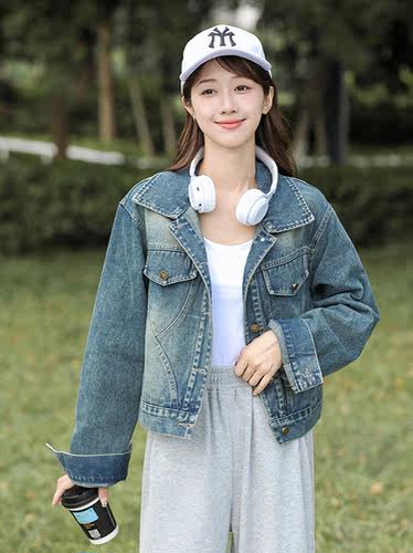 牛仔外套女2024春秋短款韩版宽松小个子显瘦复古设计感夹克上衣潮 - 图0