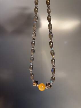 天然水晶灰月光黄金云母茶晶S925银手作百搭项链46cm