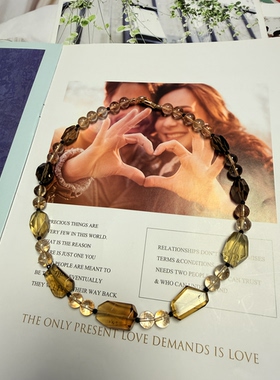 天然水晶茶晶金箔胶花威士忌黄水晶S925纯银串珠原创设计项链46cm