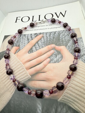 天然水晶紫水晶石榴石S925纯银原创设计串珠项链46cm