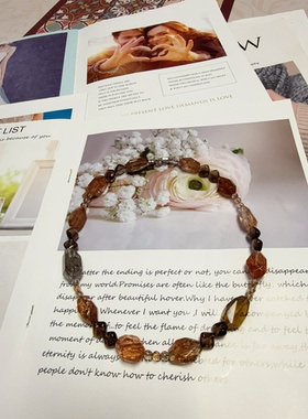 天然水晶黑金超七茶晶闪灵钻黄水晶S925银扣头原创设计项链46cm