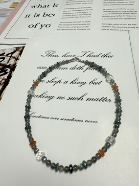 天然水晶灰月光橙玉髓蓝绿晶白水晶S925纯银串珠原创设计项链46cm