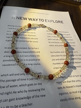 天然水晶黄水晶南红玛瑙铜镀真金串珠原创设计项链42cm