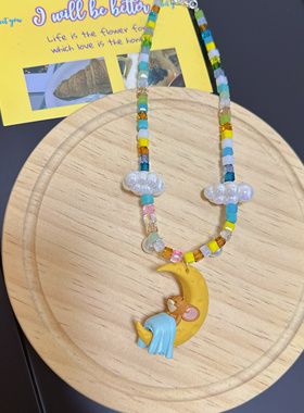 Liya手作重工水晶串珠月亮睡眠猫和老鼠TomJerry三眼童趣可爱项链
