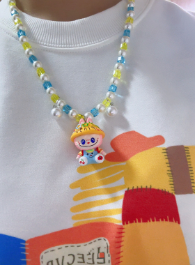 泡泡玛特labubu彩色串珠项链卡通水晶项链原创拉布布长款毛衣链女