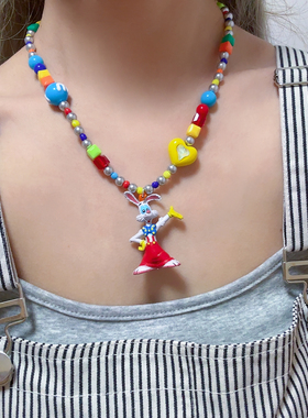 Liya手作中古老货罗杰兔小红帽彩色串珠项链卡通童趣多巴胺配饰品