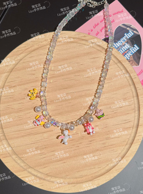 原创重工水晶卡通hellokitty猫小天使草莓熊独角兽颈项链毛衣链女