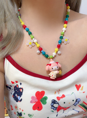 Liya手作 迪士尼乐园可爱kitty猫咪美乐蒂吊坠串珠项链多巴胺饰品