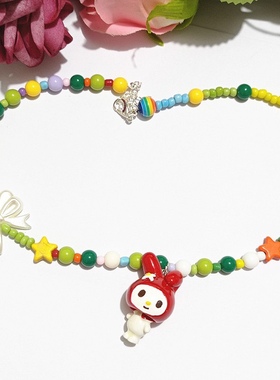 韩国东大门手作彩色串珠项链hellokitty猫美乐蒂蝴蝶结公主项链女