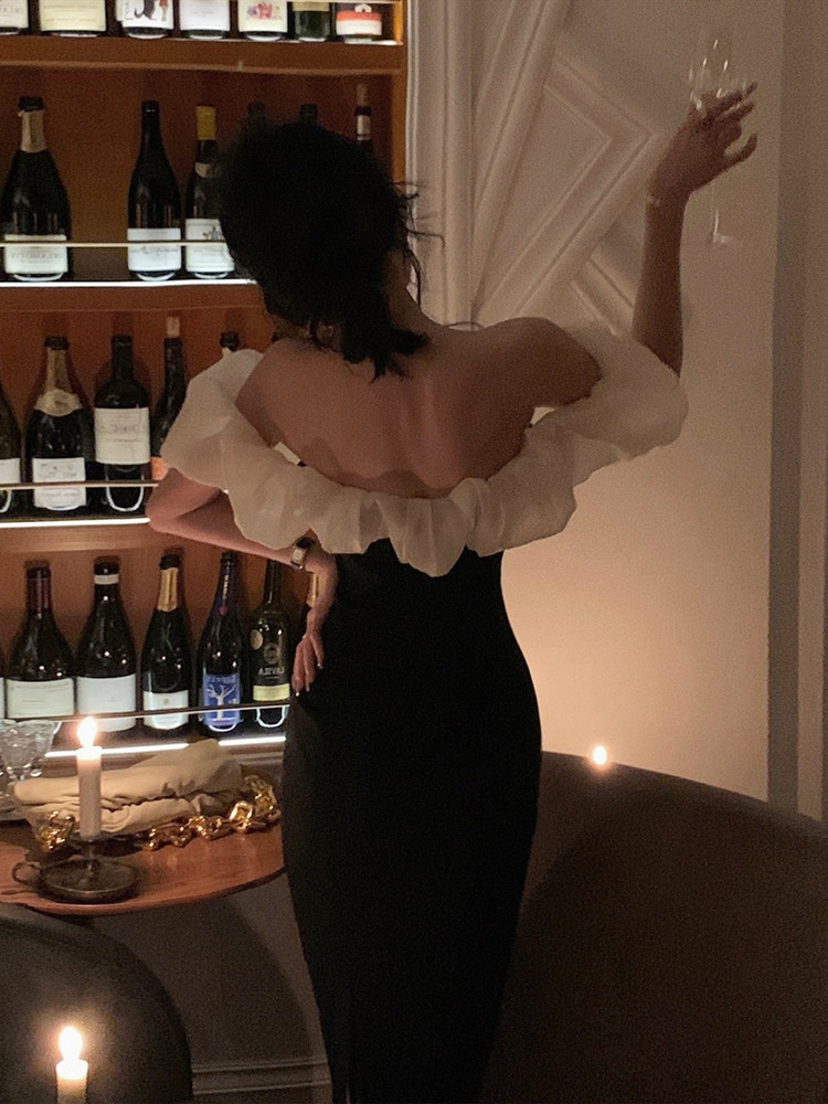 法式一字肩性感夏收腰显瘦女连衣裙 欧汐沫连衣裙