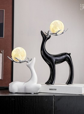 高档黑白对鹿夜灯摆件客厅酒柜电视柜玄关办公室家居装饰创意摆设