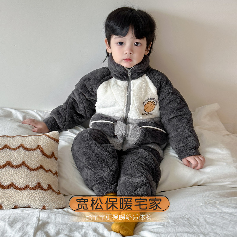 儿童睡衣冬季男童三层加厚珊瑚绒居家套装冬款男孩夹棉家居服高领,淘宝优惠券,粉丝福利购,淘宝优惠卷