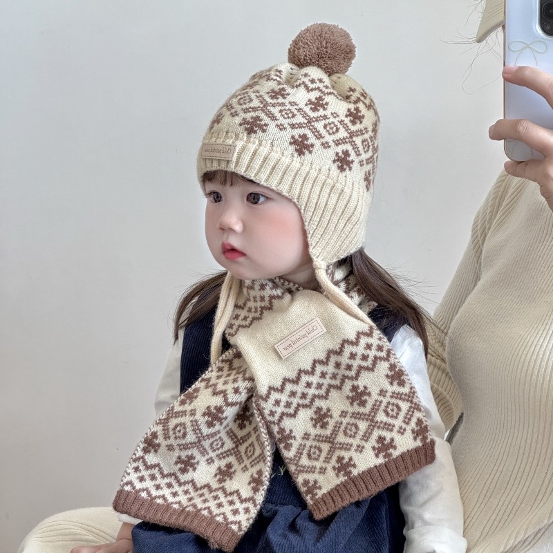 宝宝帽子围巾套装秋冬季雪花毛球儿童保暖毛线帽户外婴儿护耳帽子,淘宝优惠券,粉丝福利购,淘宝优惠卷