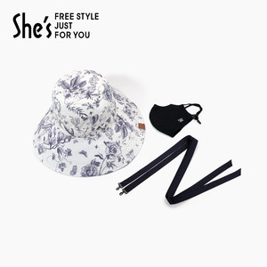 shes茜子自然复刻蝶衣植物蝴蝶印花户外飘带遮阳渔夫帽口罩套装