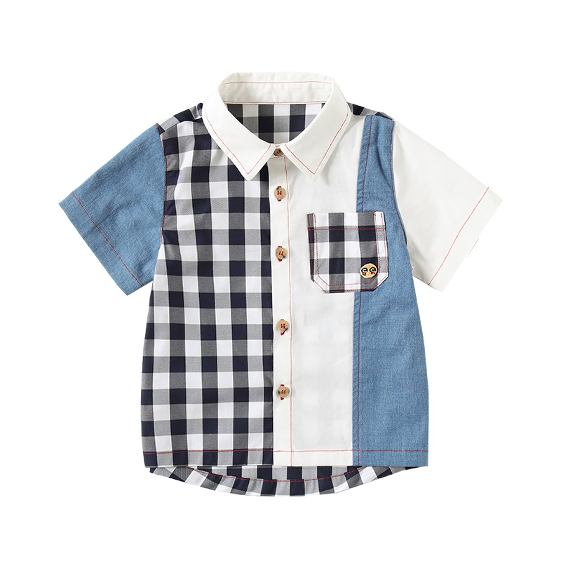 clanc韩版潮牌2024夏新款男童时尚格子满印纯棉休闲舒适短袖衬衫 - 图3