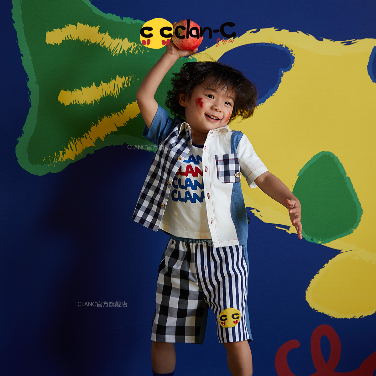 clanc韩版潮牌2024夏新款男童时尚格子满印纯棉休闲舒适短袖衬衫 - 图0