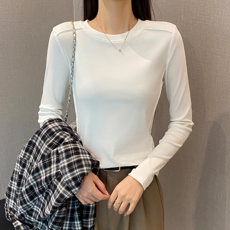 白色圆领长袖t恤女2025年春秋紧身设计感正肩打底衫内搭显瘦上衣