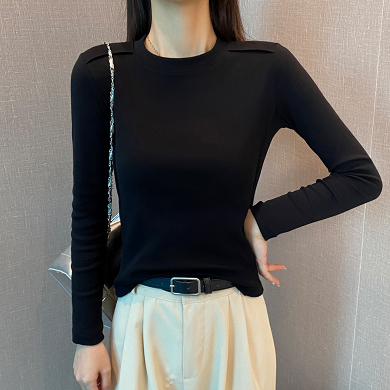 白色圆领长袖t恤女2025年春秋紧身设计感正肩打底衫内搭显瘦上衣