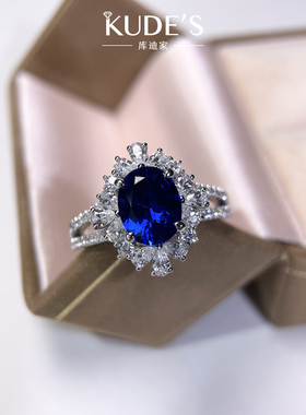 库迪家轻奢3克拉培育蓝宝石银戒指女蓝宝石几何小众精致礼物新年