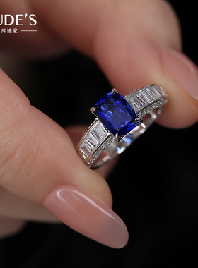 【库迪珠宝】1.7克拉培育蓝宝石方枕形戒指女士高级镶嵌轻奢钻戒