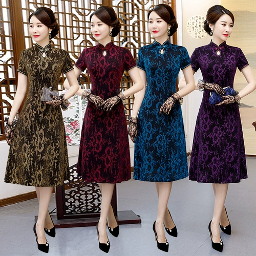 Летнее ципао для матери, длинное ретро платье, средней длины