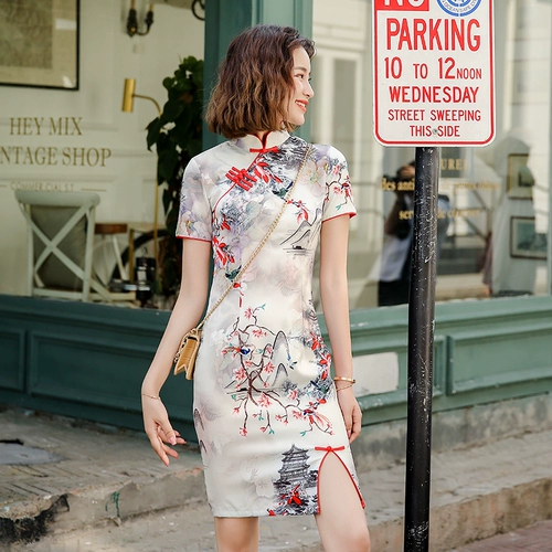 Легкое ципао, приталенное короткое платье с коротким рукавом, мини-юбка, 2020 года, светлый стиль, китайский стиль