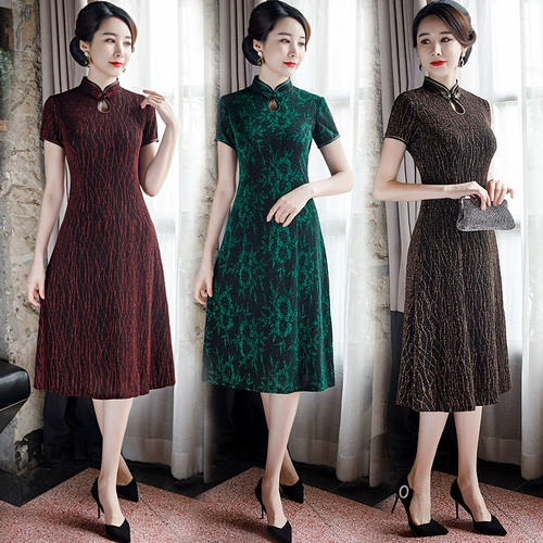 Летнее ципао для матери, длинное ретро платье, средней длины