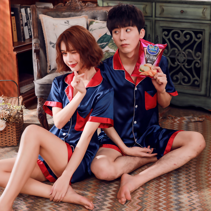 倩缇歌旗舰店情侣睡衣女春秋款短袖冰丝韩版夏季男可爱家居服套装仿真丝绸薄款1