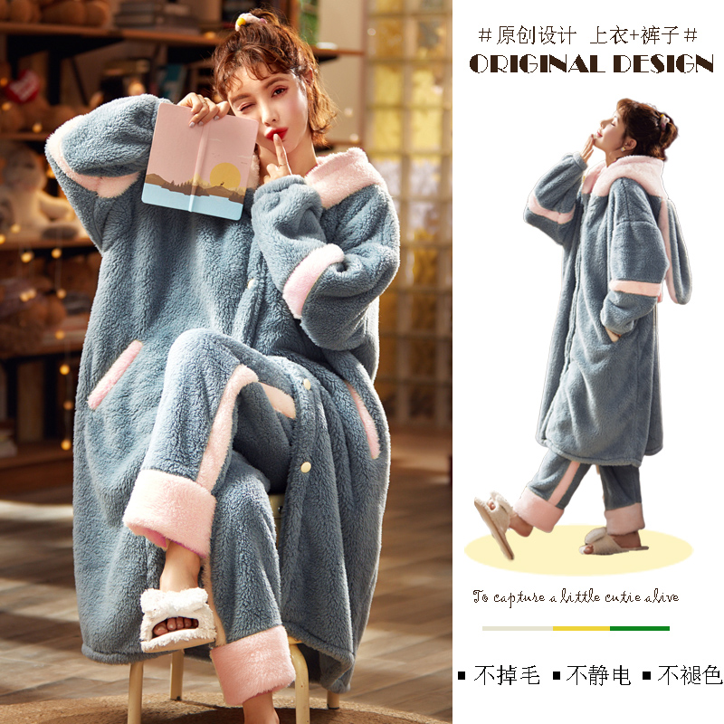 倩缇歌旗舰店睡衣女珊瑚绒冬季新款加厚法兰绒秋冬家居服长款浴袍睡袍套装2