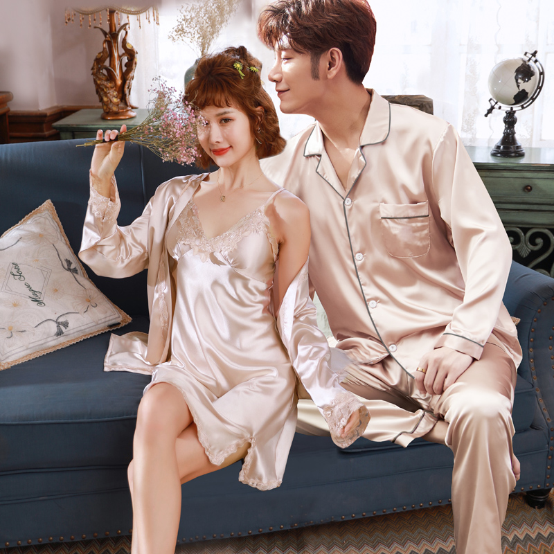 倩缇歌旗舰店结婚冰丝情侣睡衣女秋夏季丝绸性感蕾丝睡袍睡裙薄款长袖男士套装2