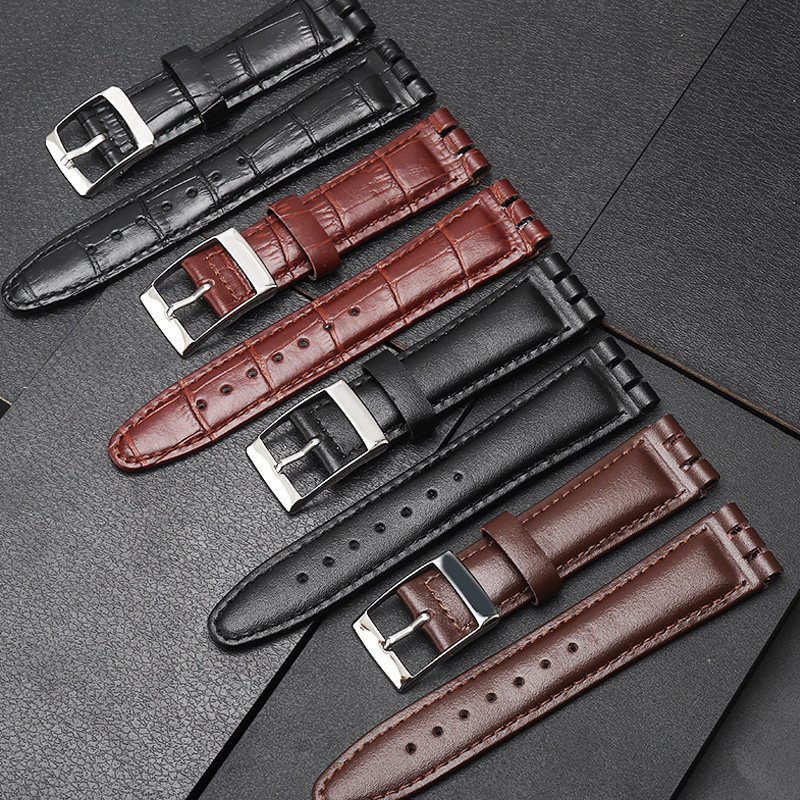 真皮表带适配斯沃琪swatch 17 19mm 金诺嘉配件