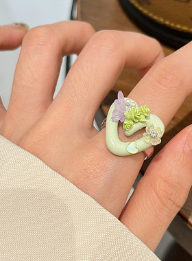 日系CoopKoop小香风手工珐琅花朵蝴蝶戒指 甜酷Y2K轻奢高级感抹