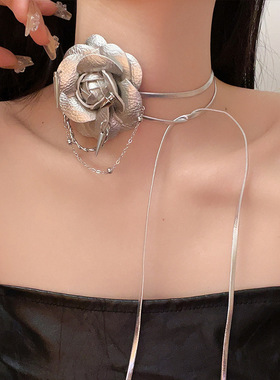 日系coopkoop小香风银色山茶花系带项链法式银立体花朵腰链个性