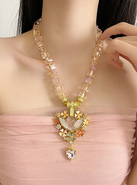 日系CoopKoop中古vintage睡梦天使吊坠爱心项链女复古珐琅粉色