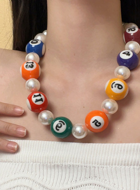 日系coopkoop明星彩色台球项链女多巴胺独特珍珠锁骨链小众个性