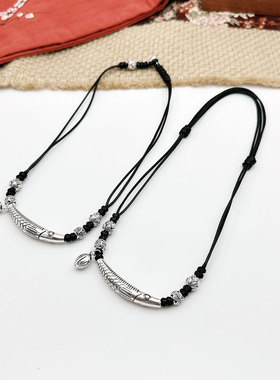 日系coopkoop银弯管鱼黑绳项链吉象银店s925银锁骨链百搭推荐送